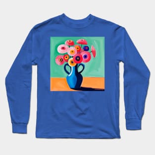 Cute Abstract Flowers in a Blue Vase Still Life Painting Long Sleeve T-Shirt